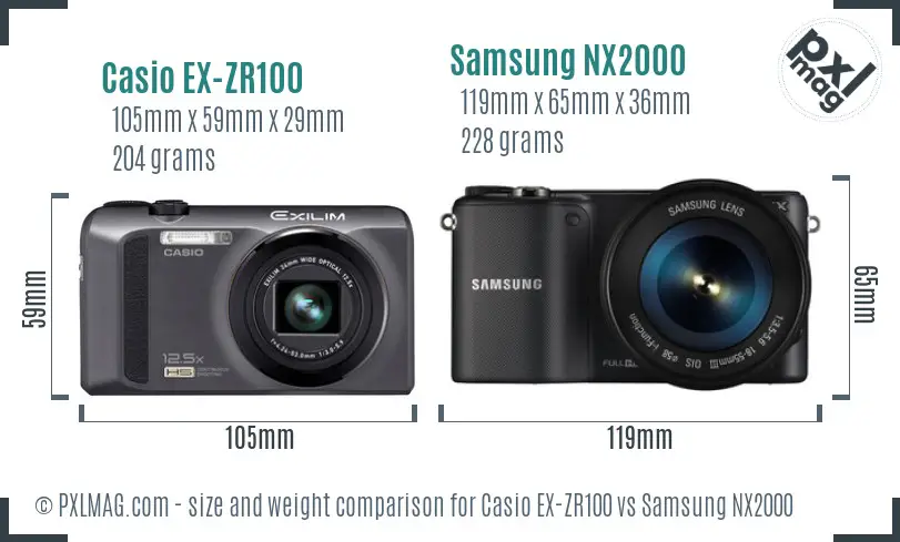 Casio EX-ZR100 vs Samsung NX2000 size comparison