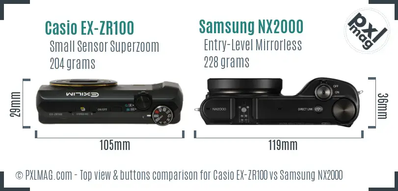 Casio EX-ZR100 vs Samsung NX2000 top view buttons comparison