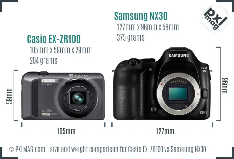 Casio EX-ZR100 vs Samsung NX30 size comparison Casio EX-ZR100 vs Samsung NX30 size comparison