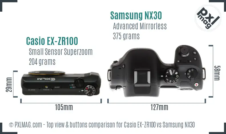 Casio EX-ZR100 vs Samsung NX30 top view buttons comparison Casio EX-ZR100 vs Samsung NX30 top view buttons comparison