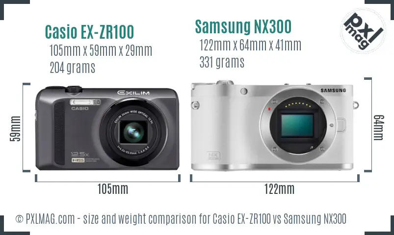 Casio EX-ZR100 vs Samsung NX300 size comparison