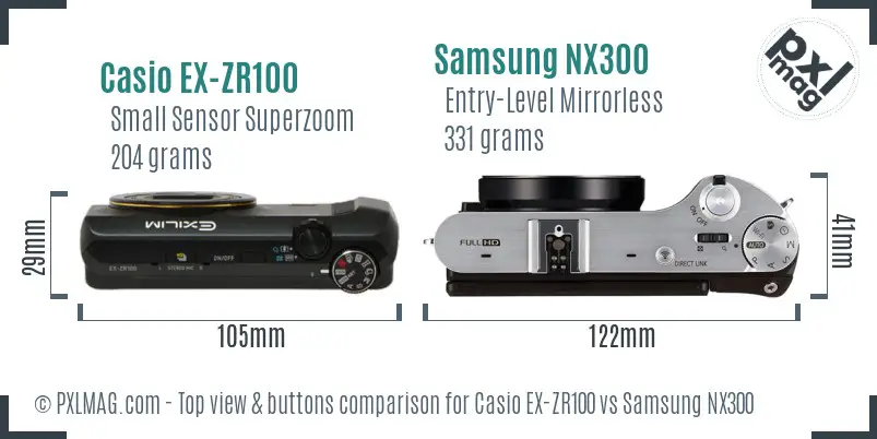 Casio EX-ZR100 vs Samsung NX300 top view buttons comparison