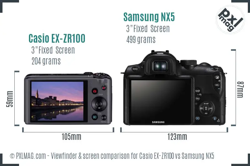 Casio EX-ZR100 vs Samsung NX5 Screen and Viewfinder comparison