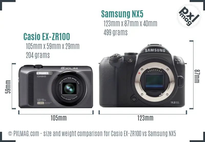 Casio EX-ZR100 vs Samsung NX5 size comparison