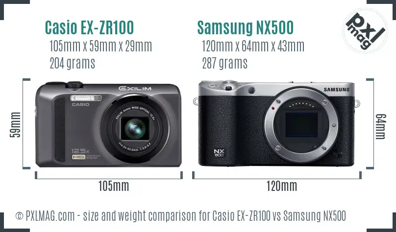 Casio EX-ZR100 vs Samsung NX500 size comparison Casio EX-ZR100 vs Samsung NX500 size comparison