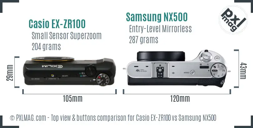 Casio EX-ZR100 vs Samsung NX500 top view buttons comparison Casio EX-ZR100 vs Samsung NX500 top view buttons comparison
