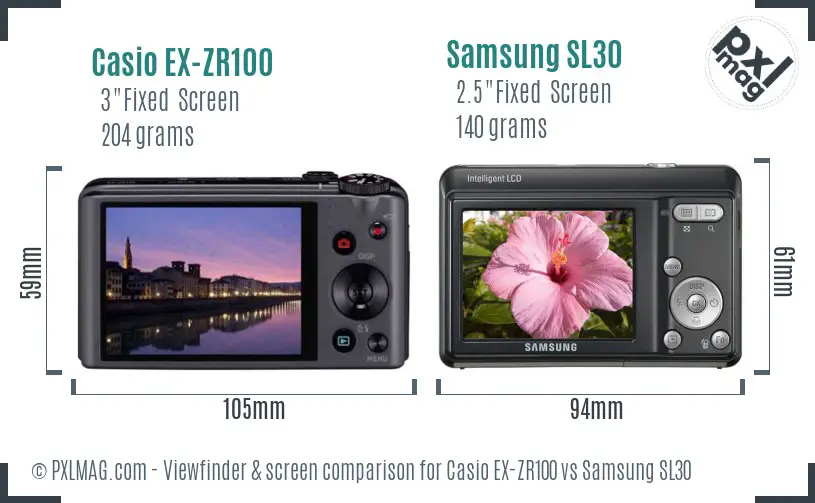 Casio EX-ZR100 vs Samsung SL30 Screen and Viewfinder comparison