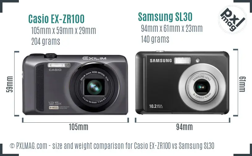 Casio EX-ZR100 vs Samsung SL30 size comparison