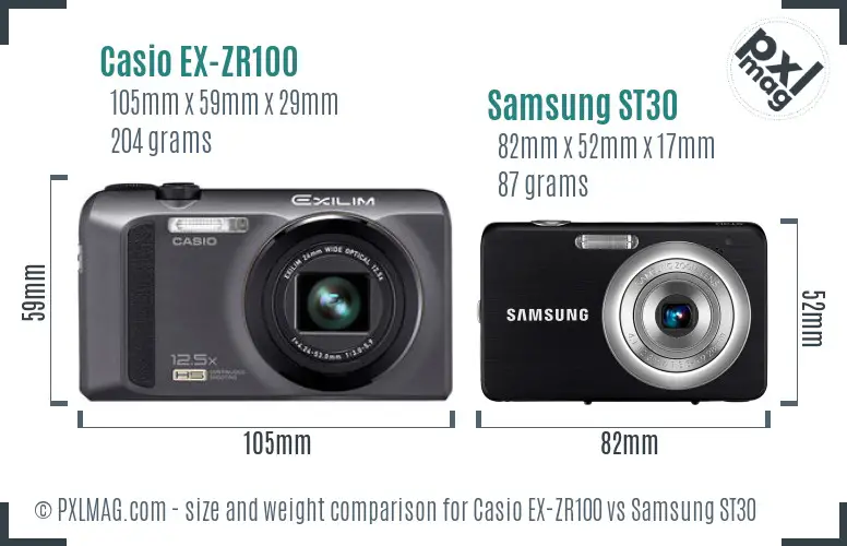 Casio EX-ZR100 vs Samsung ST30 size comparison