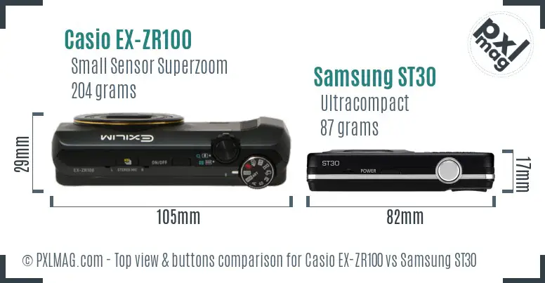 Casio EX-ZR100 vs Samsung ST30 top view buttons comparison