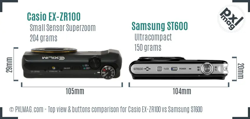 Casio EX-ZR100 vs Samsung ST600 top view buttons comparison