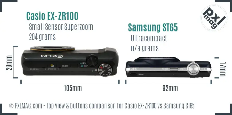 Casio EX-ZR100 vs Samsung ST65 top view buttons comparison Casio EX-ZR100 vs Samsung ST65 top view buttons comparison