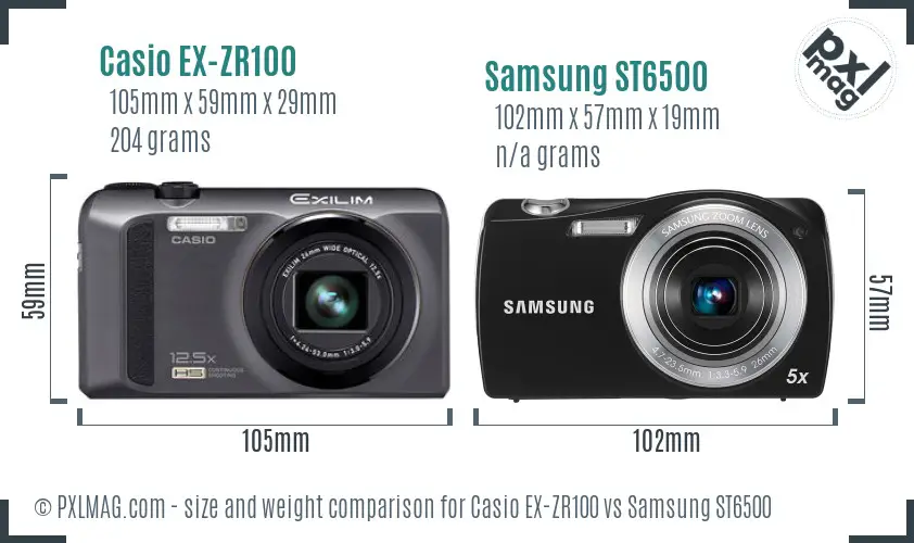 Casio EX-ZR100 vs Samsung ST6500 size comparison Casio EX-ZR100 vs Samsung ST6500 size comparison