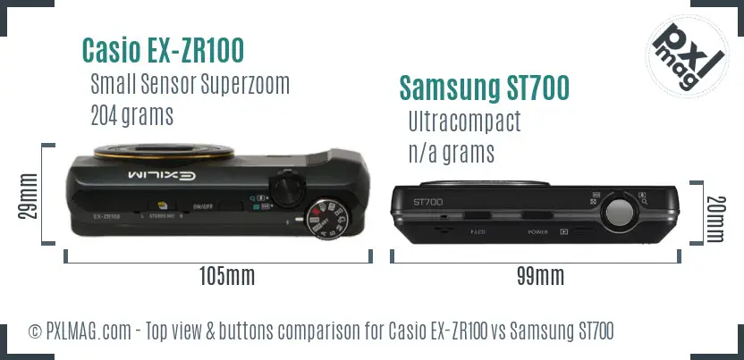 Casio EX-ZR100 vs Samsung ST700 top view buttons comparison Casio EX-ZR100 vs Samsung ST700 top view buttons comparison