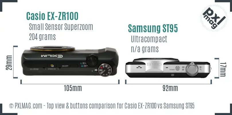 Casio EX-ZR100 vs Samsung ST95 top view buttons comparison Casio EX-ZR100 vs Samsung ST95 top view buttons comparison
