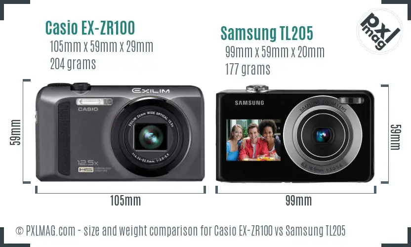 Casio EX-ZR100 vs Samsung TL205 size comparison