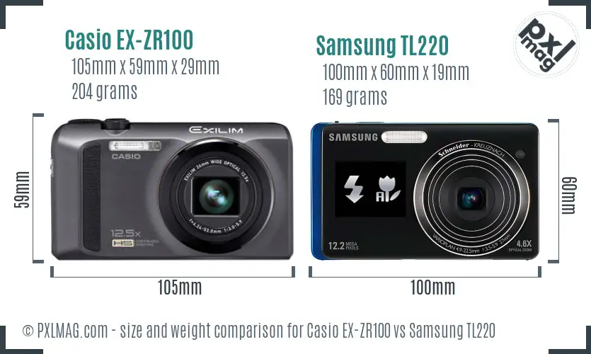 Casio EX-ZR100 vs Samsung TL220 size comparison