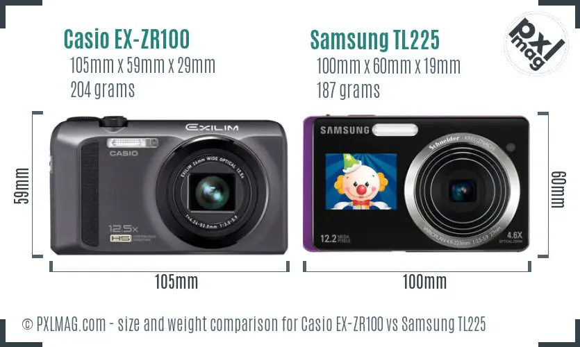 Casio EX-ZR100 vs Samsung TL225 size comparison