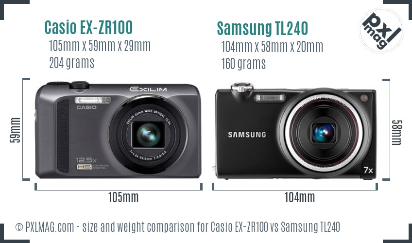 Casio EX-ZR100 vs Samsung TL240 size comparison