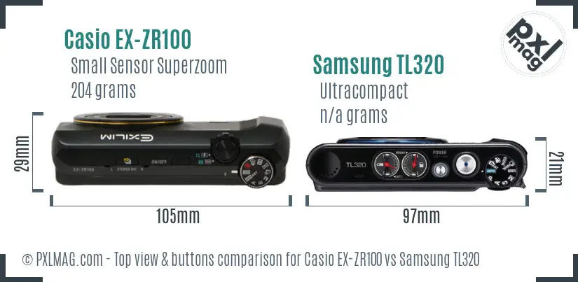 Casio EX-ZR100 vs Samsung TL320 top view buttons comparison Casio EX-ZR100 vs Samsung TL320 top view buttons comparison