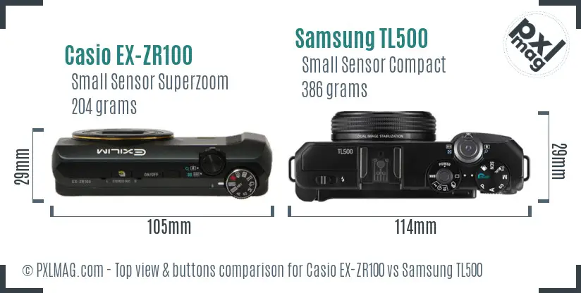 Casio EX-ZR100 vs Samsung TL500 top view buttons comparison Casio EX-ZR100 vs Samsung TL500 top view buttons comparison