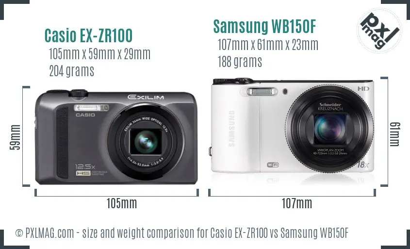 Casio EX-ZR100 vs Samsung WB150F size comparison