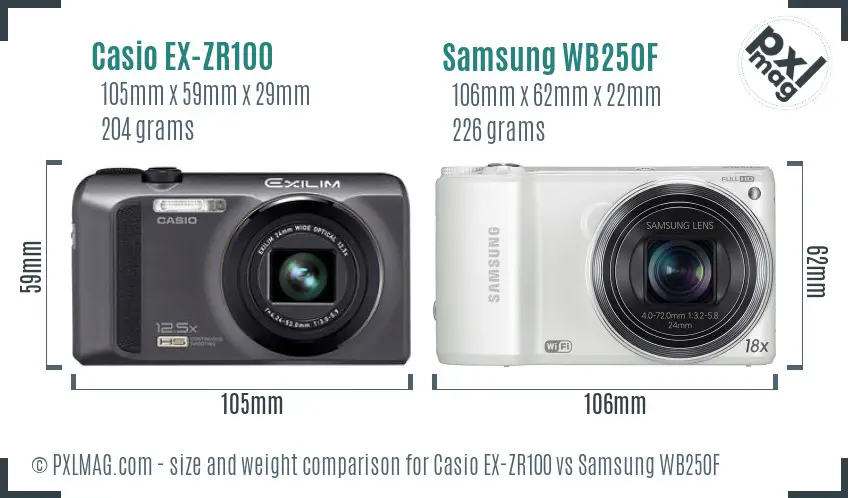 Casio EX-ZR100 vs Samsung WB250F size comparison