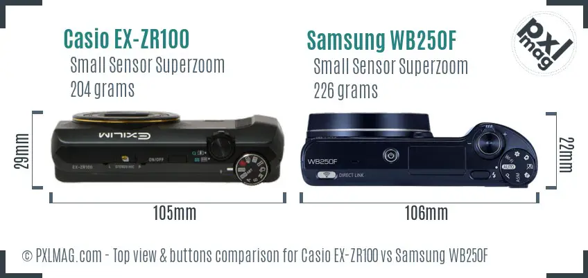 Casio EX-ZR100 vs Samsung WB250F top view buttons comparison