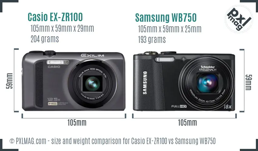 Casio EX-ZR100 vs Samsung WB750 size comparison