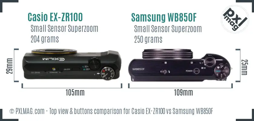 Casio EX-ZR100 vs Samsung WB850F top view buttons comparison Casio EX-ZR100 vs Samsung WB850F top view buttons comparison