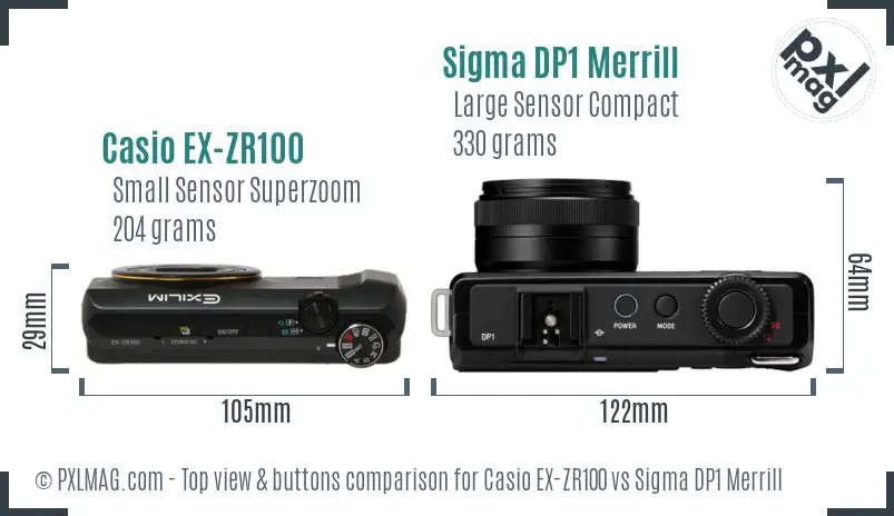 Casio EX-ZR100 vs Sigma DP1 Merrill top view buttons comparison