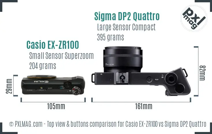 Casio EX-ZR100 vs Sigma DP2 Quattro top view buttons comparison Casio EX-ZR100 vs Sigma DP2 Quattro top view buttons comparison