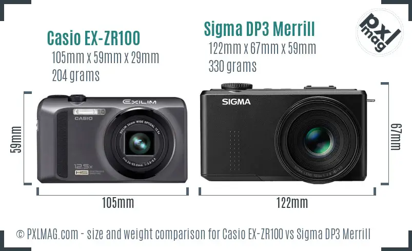 Casio EX-ZR100 vs Sigma DP3 Merrill size comparison