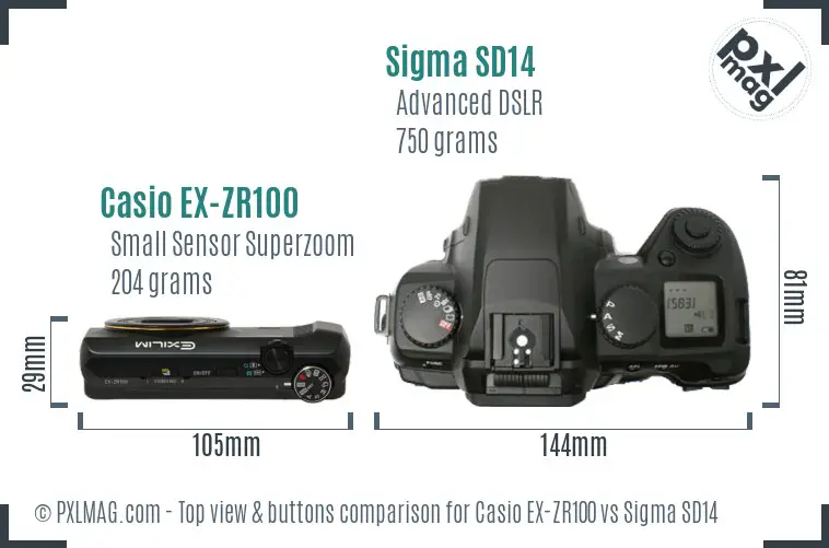 Casio EX-ZR100 vs Sigma SD14 top view buttons comparison