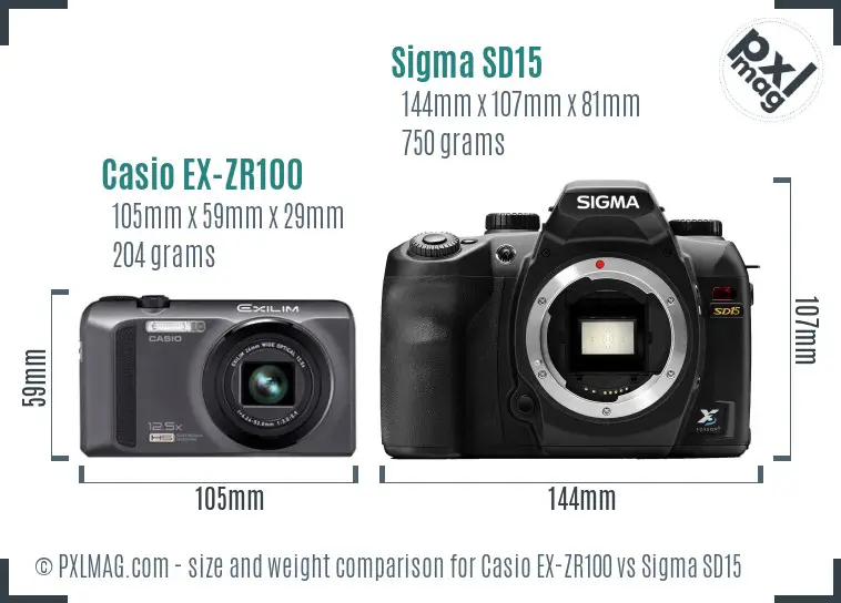 Casio EX-ZR100 vs Sigma SD15 size comparison