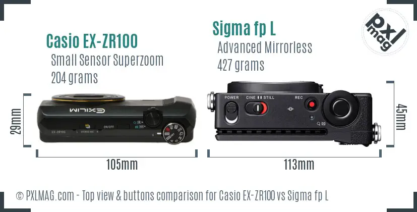Casio EX-ZR100 vs Sigma fp L top view buttons comparison Casio EX-ZR100 vs Sigma fp L top view buttons comparison