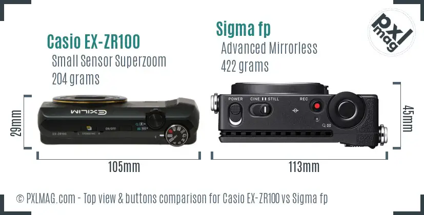 Casio EX-ZR100 vs Sigma fp top view buttons comparison Casio EX-ZR100 vs Sigma fp top view buttons comparison
