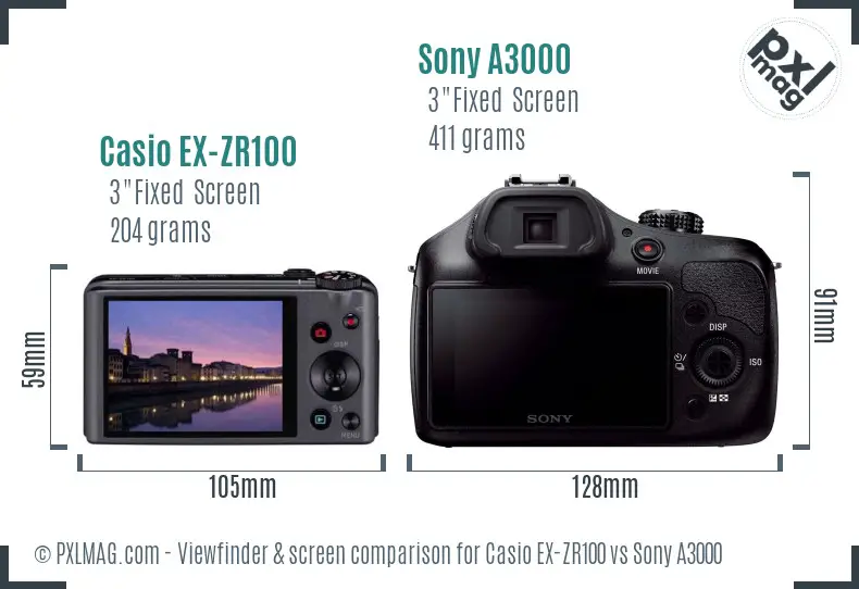 Casio EX-ZR100 vs Sony A3000 Screen and Viewfinder comparison