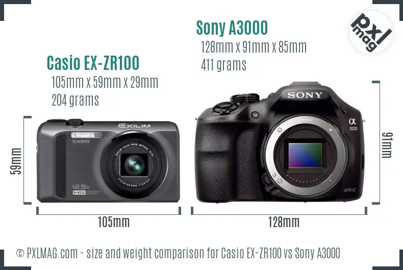 Casio EX-ZR100 vs Sony A3000 size comparison