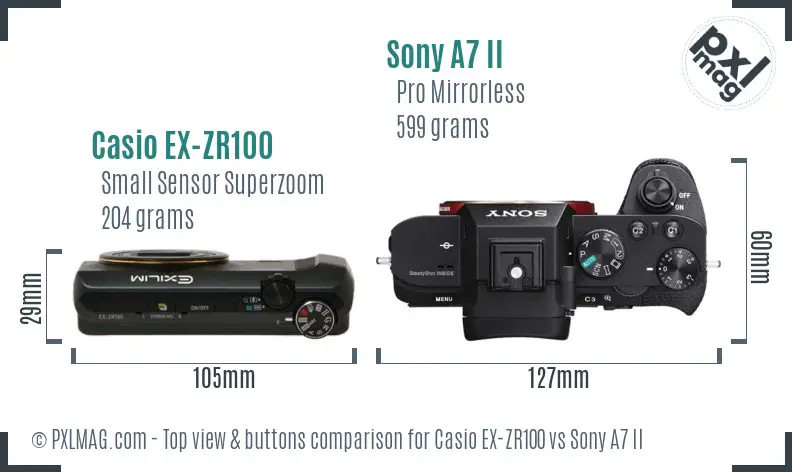 Casio EX-ZR100 vs Sony A7 II top view buttons comparison