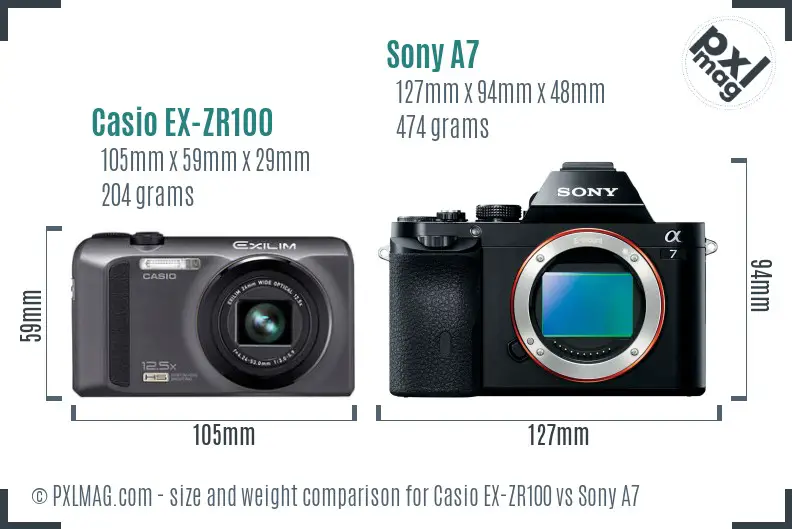 Casio EX-ZR100 vs Sony A7 size comparison