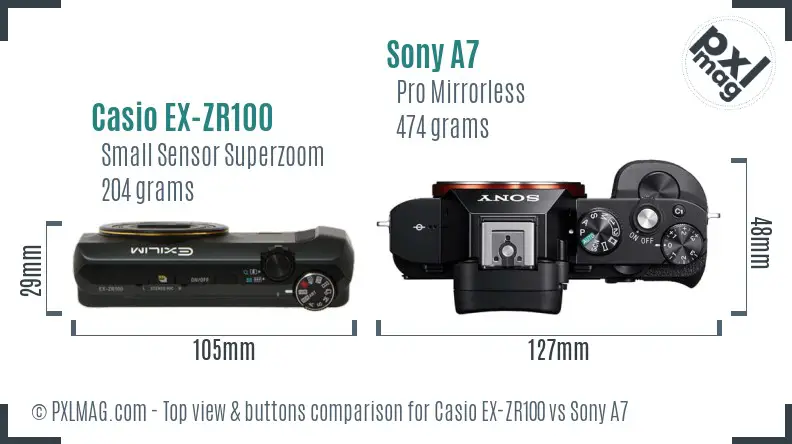 Casio EX-ZR100 vs Sony A7 top view buttons comparison