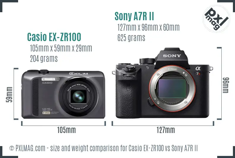 Casio EX-ZR100 vs Sony A7R II size comparison