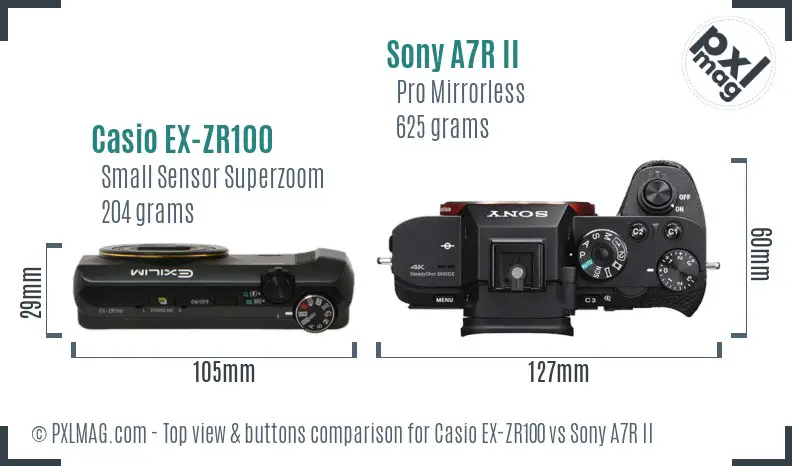 Casio EX-ZR100 vs Sony A7R II top view buttons comparison