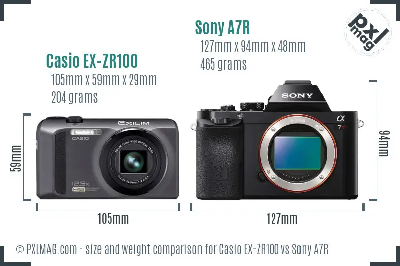 Casio EX-ZR100 vs Sony A7R size comparison