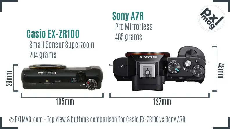 Casio EX-ZR100 vs Sony A7R top view buttons comparison