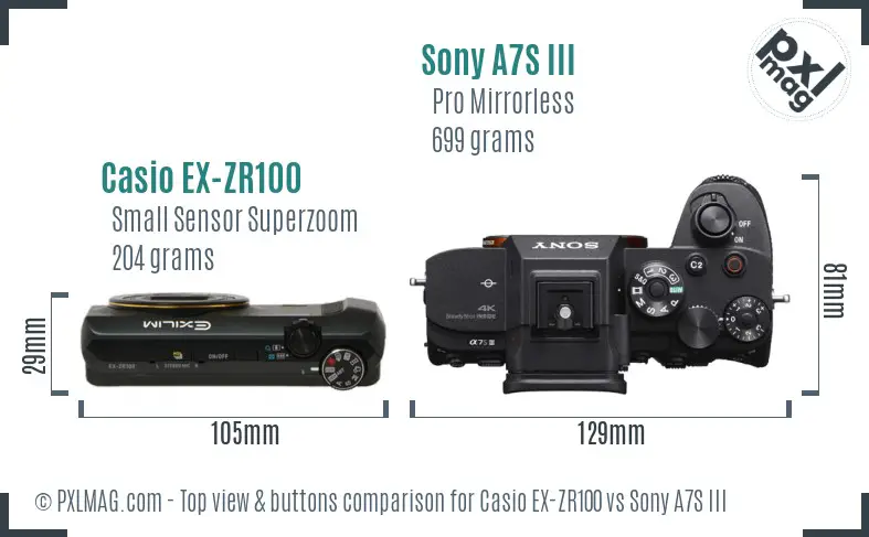 Casio EX-ZR100 vs Sony A7S III top view buttons comparison