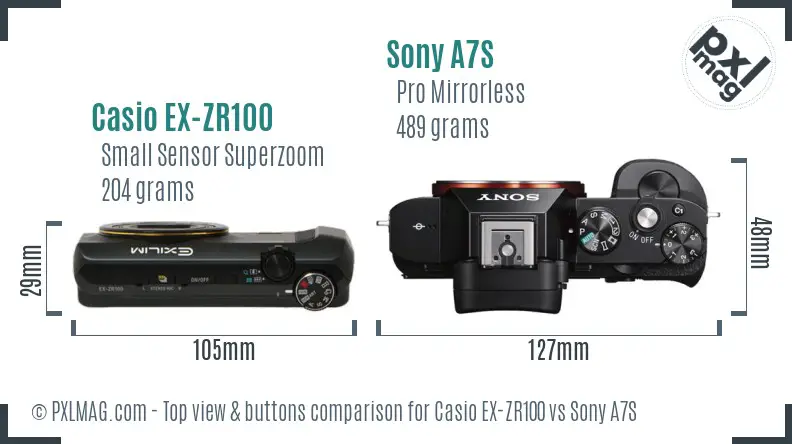 Casio EX-ZR100 vs Sony A7S top view buttons comparison