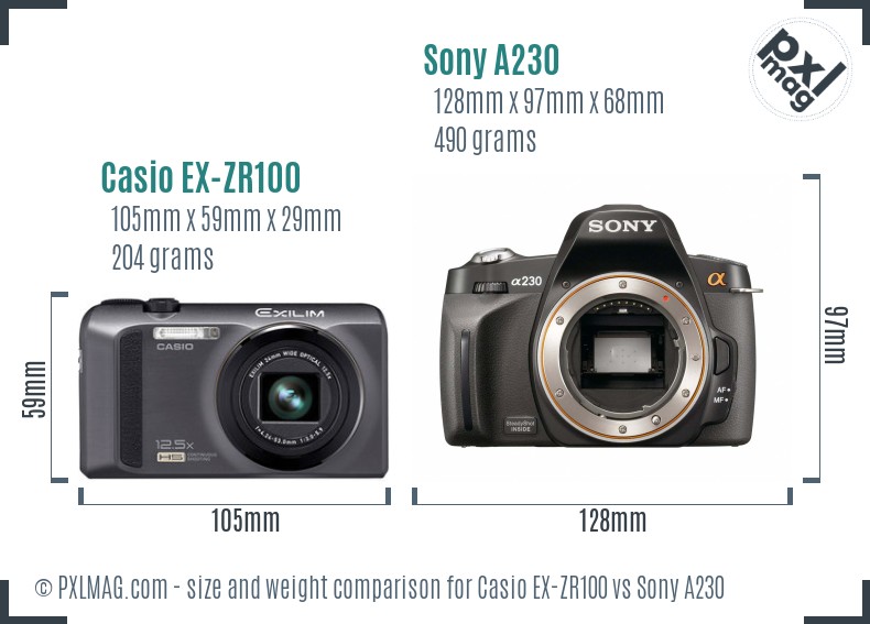 Casio EX-ZR100 vs Sony A230 size comparison