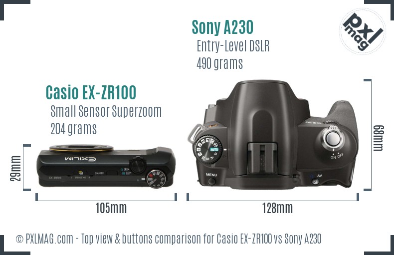 Casio EX-ZR100 vs Sony A230 top view buttons comparison